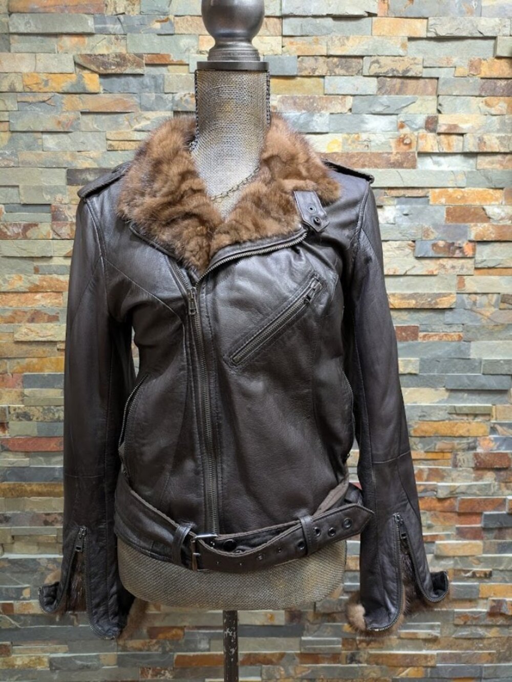 Dark Brown Genuine Leather Moto Jacket with Real Mink Fur Sections Trim Medium